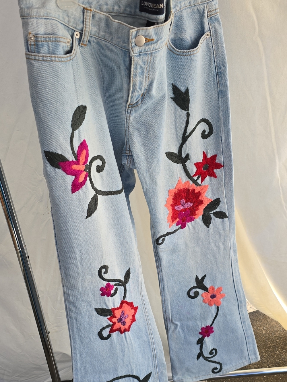 LONDONJEAN Light Wash Flare Jeans with Pink & Red Floral Embroidery